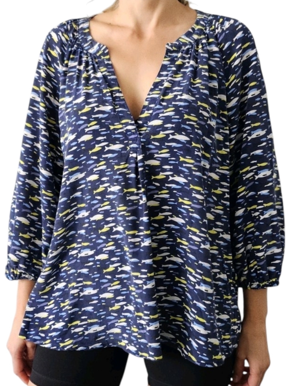 JOIE Kaira Fish Print 100% Silk Blouse Top Blue XXS